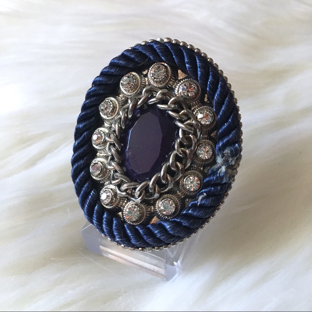 Statement Ring Blue Faux Stone Rope & Rhinestones - Picture 2 of 7